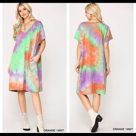 GiGiO Dresses & Skirts - Gigio Tie Dye Midi Dress Raw Edge Cotton Jersey Dress with Side Pockets